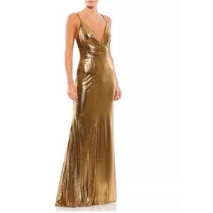 Mac Duggal Ieena Metallic Bronze Faux Wrap Spaghetti Strap Cocktail Gown Size 2